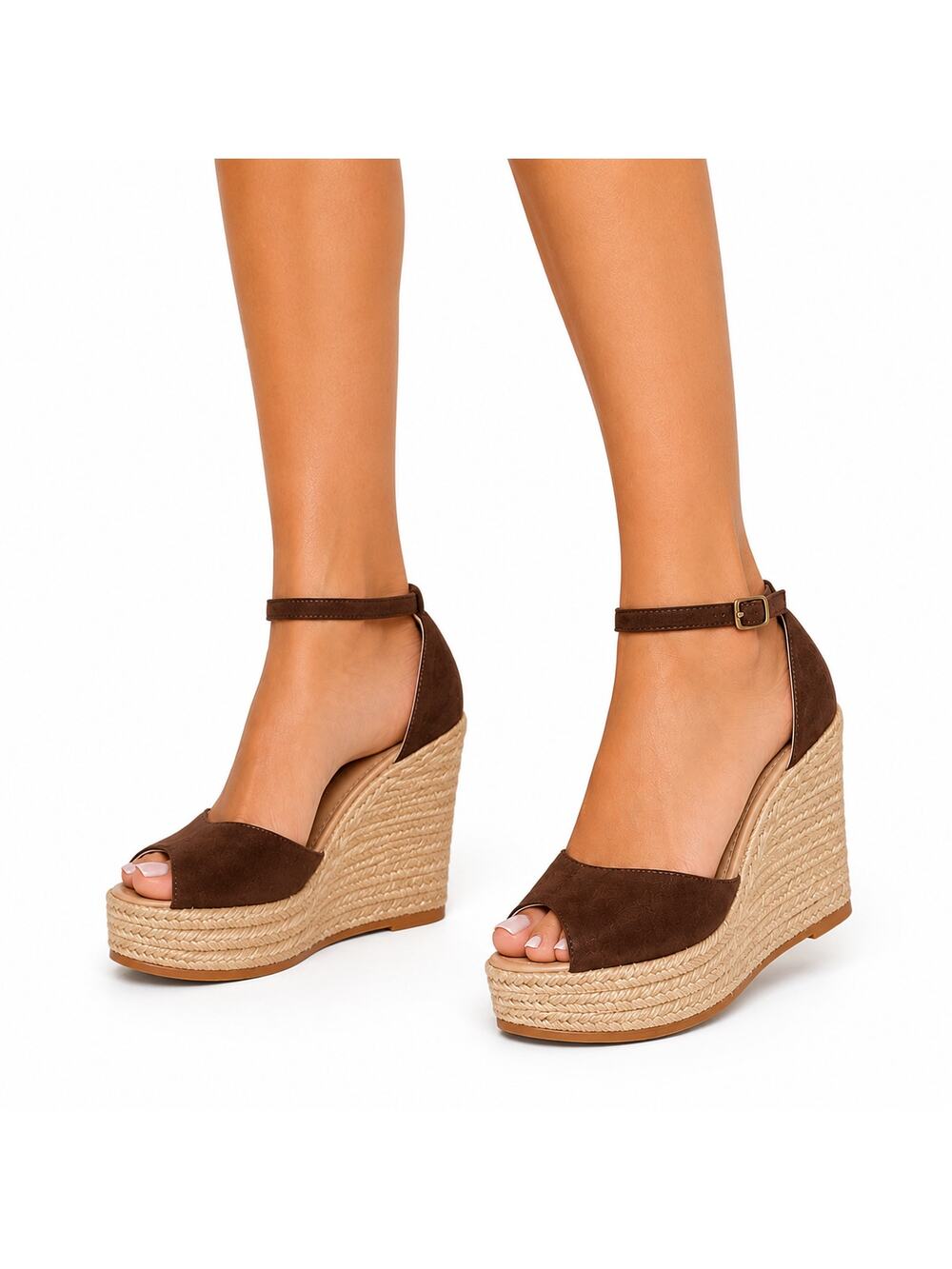 Espadrilles Suede Ankle Strap Wedge Espadrille Sandals Brown Women's 36